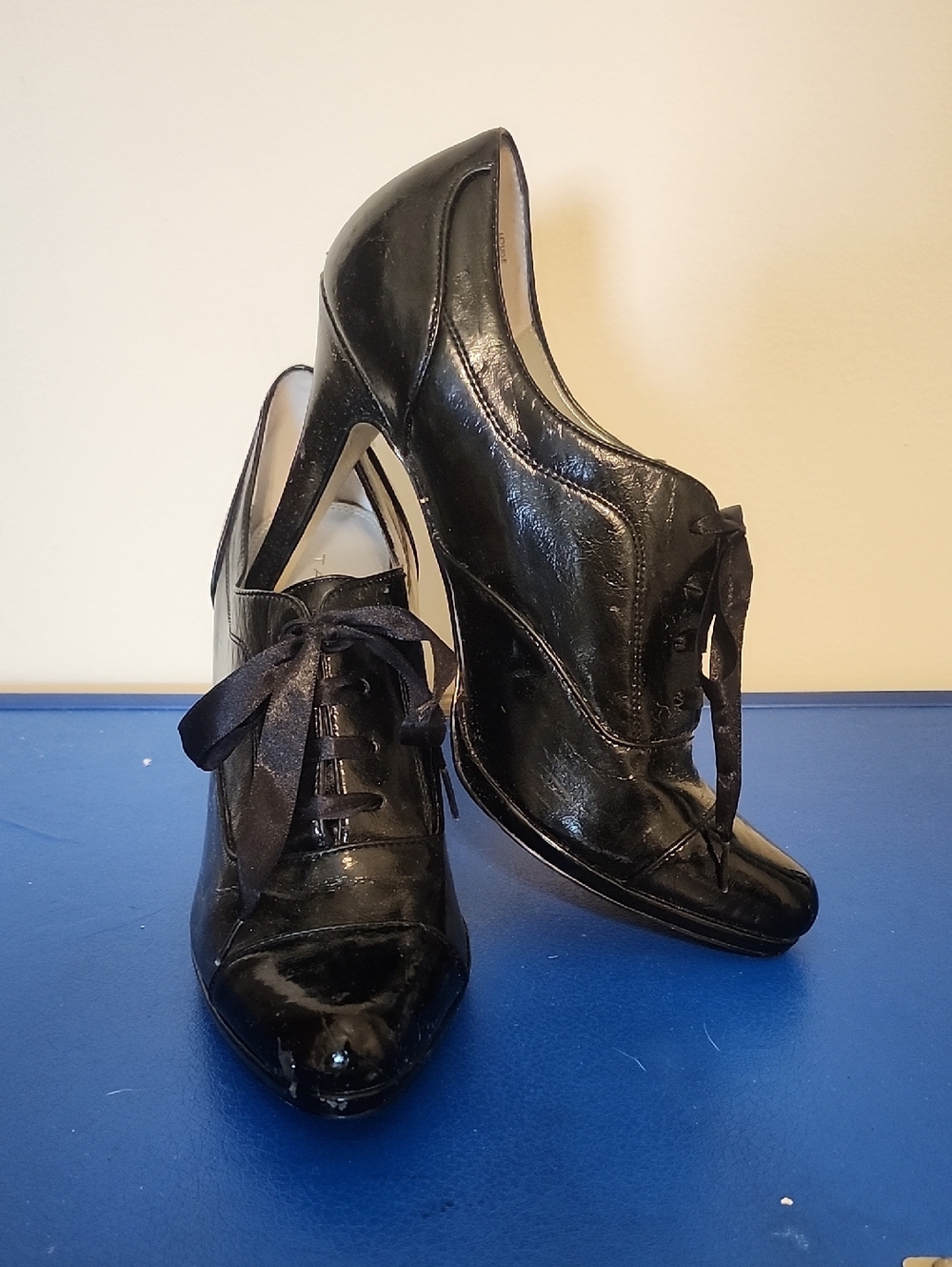 Tahari Black Patent Leather Lace-Up Heels with Ribbon Ties